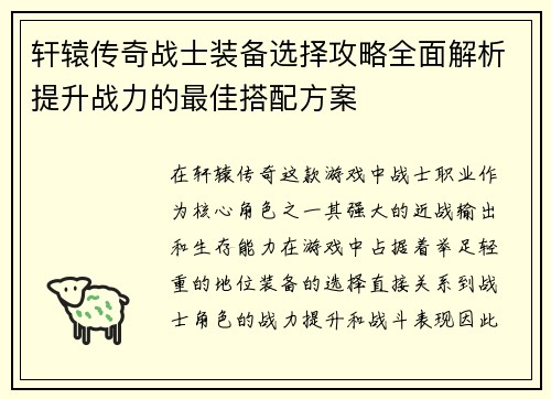 轩辕传奇战士装备选择攻略全面解析提升战力的最佳搭配方案