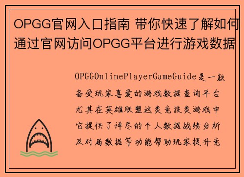 OPGG官网入口指南 带你快速了解如何通过官网访问OPGG平台进行游戏数据查询